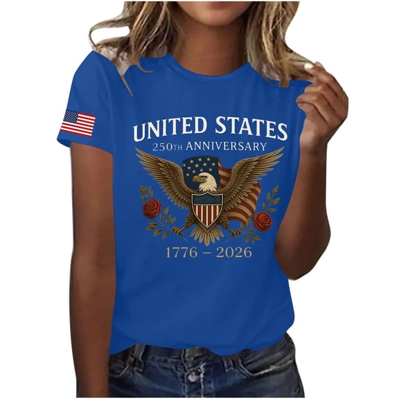 Red White and Blue Tops for Women Petite Patriotic Short Sleeve Round Neck Tops USA Star Striped Print T Shirts Lady Independence Day Casual Tops 4th of July Tunic Tees Patriotic Clothes