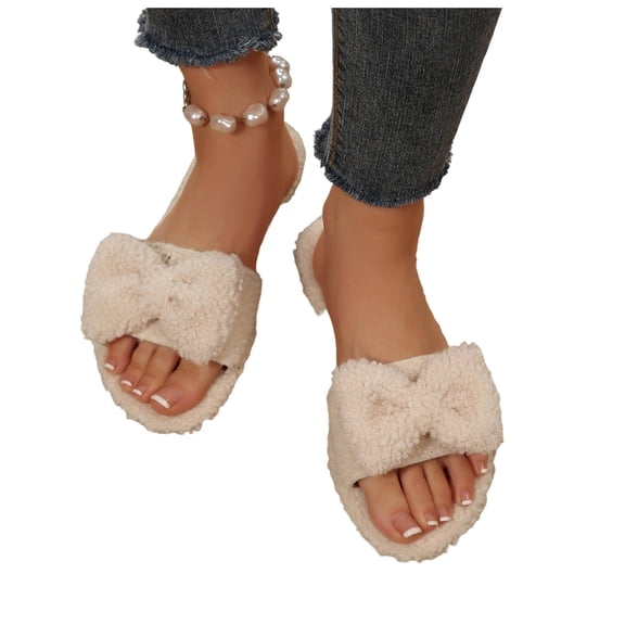 CHUMUD Women's Fuzzy Open Toe Slippers Fairycore Bow Slides with Plush Accent, Indoor House Shoes Slip On Bedroom Comfy Gift