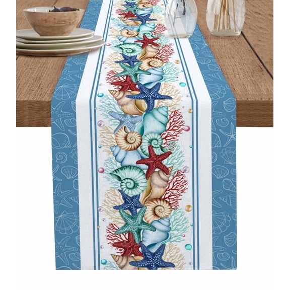 Green Starfish Summer Table Runner 72 Inches, Ocean Coral Conch Blue Shells Bed Runner Dresser Scarves Tabletop for Indoor Outdoor Parties/Ceremony/Banquet, 14" x 72"