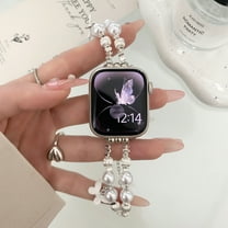 Beaded Wristband Compatible with Apple Watch Band 42mm 44mm 45mm 49mm,Cuban Chain Metal Band with Pretty Pendants for iWatch Series Ultra 9 8 7 6 5 4 3 2 1 SE Charms for Women,B