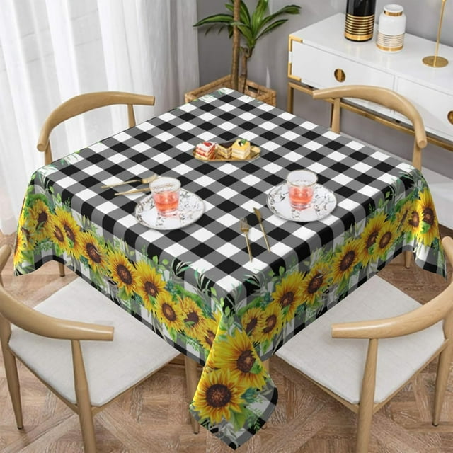 Sunflower Square Tablecloth 52×52 Inch Black White Buffalo Check Farmhouse Table Cloth Small Square Tablecloths Indoor Outdoor Washable Wrinkle Free Stain Resistant Waterproof Fabric Table Cover