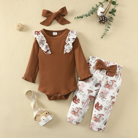 

Infant Baby Girl Clothes Ruffle Long Sleeve Romper Floral Pants with Headband 3PCS Toddler Fall Outfits Brown 6-9 Months