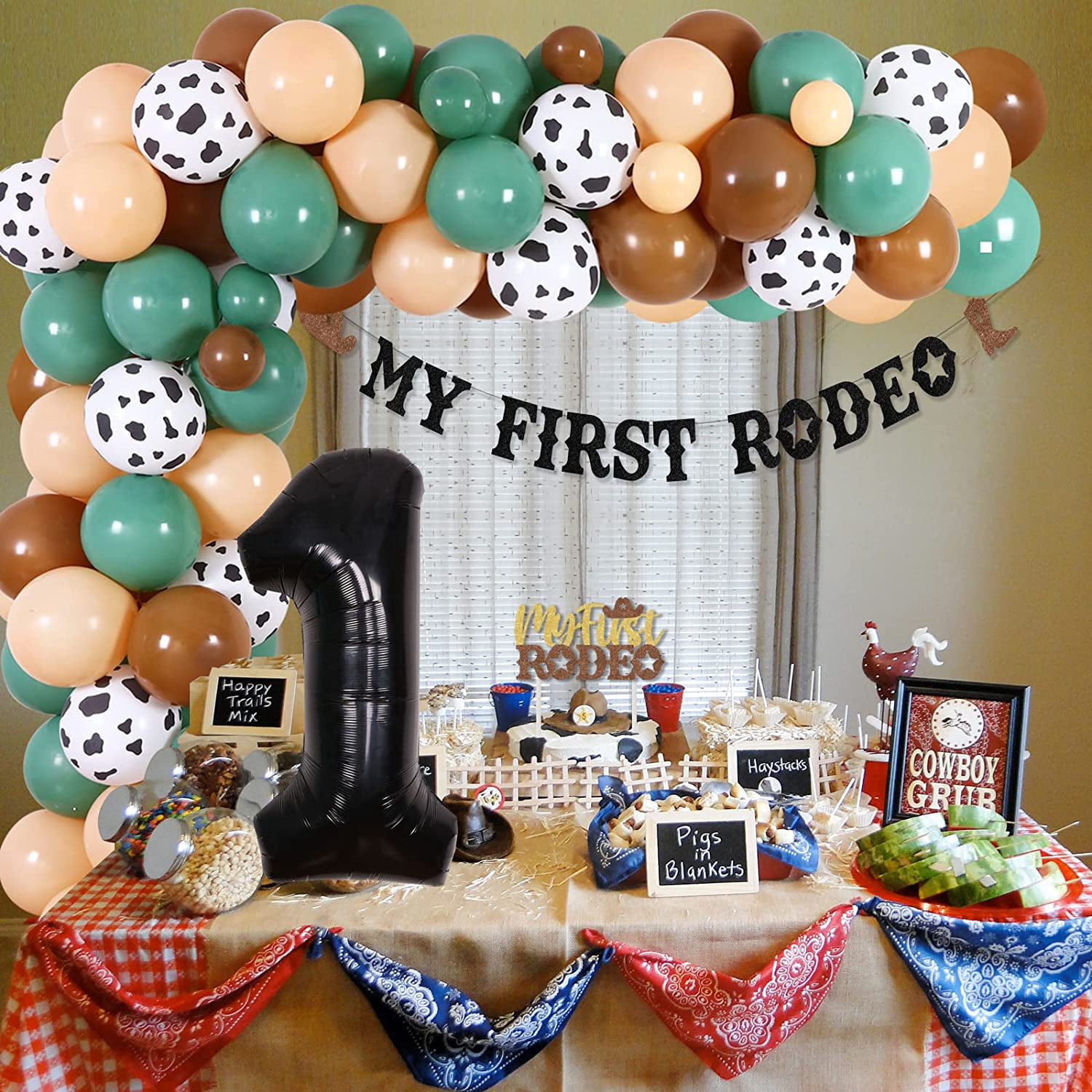 Cowboys First Rodeo Birthday Party, Cowboy 1st Birthday Decorations Balloon Garland Arch Kit with Number 1 Foil Balloon, My First Rodeo Banner Cake Topper for Cowboy Themed Party 1st Birthday