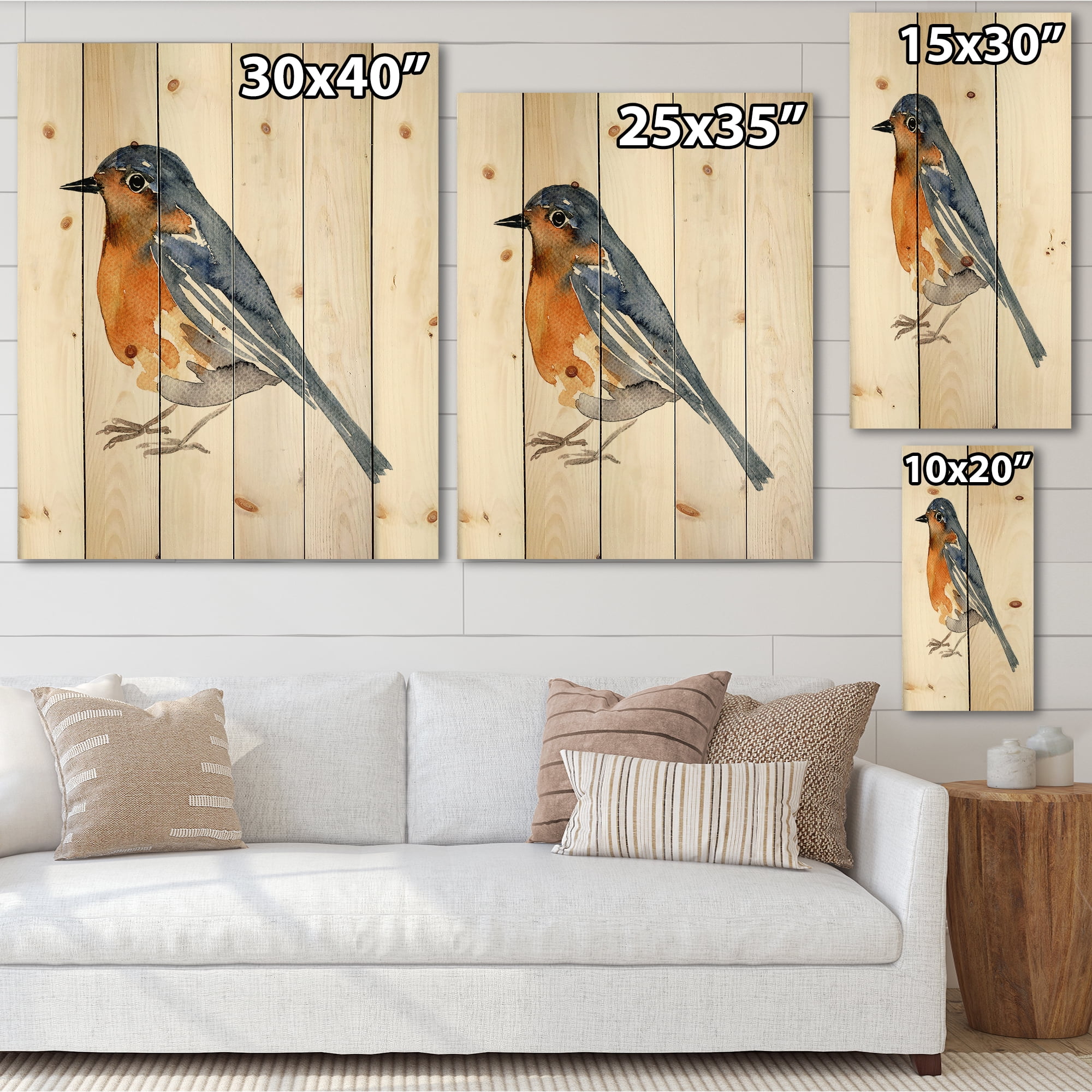 Designart 'Ancient Orange Bird' Traditional Print on Natural Pine Wood