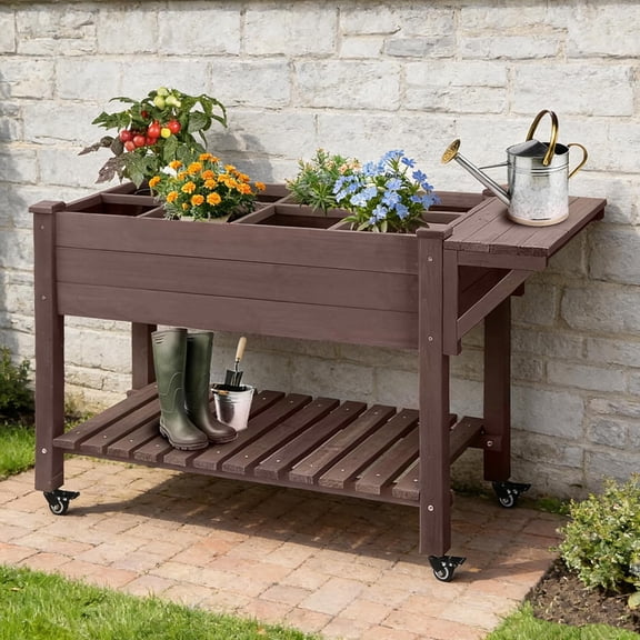 MEDEHOO Raised Garden Bed Outdoor with Wheels, 52.7" Elevated Wooden Garden Bed with 8 Planter Boxes, Removable Dividers, Storage Shelf, Standing Mobile Planter with Non-Woven Liner