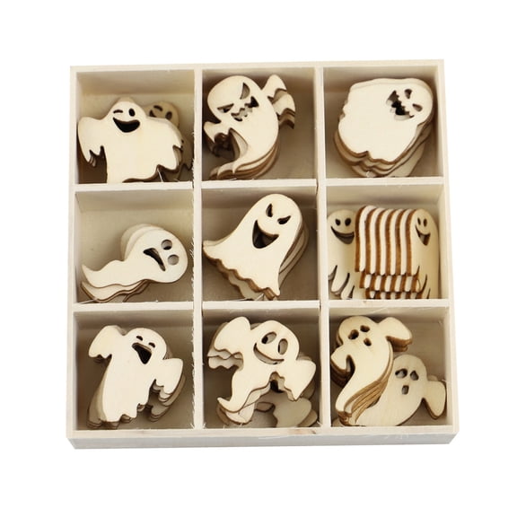 72-Piece Wooden Halloween Ghost Cutout Ornament Set for DIY Crafting and Party Decor