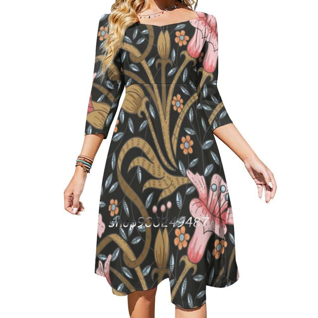 Vestido de cuello cuadrado con diseño de arbusto de jardín vintage, nuevo vestido elegante de talla grande para mujer, vestido ceñido a la cintura, planta, naturaleza, jardín, hojas botánicas