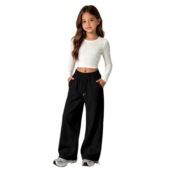 Girls Sweatpants Size 6, Wide Leg Straight Pants Drawstring Youth Joggers Casual Y2k Preppy Clothes Sweat Pants with Pockets Streetwear Back to School Outfits