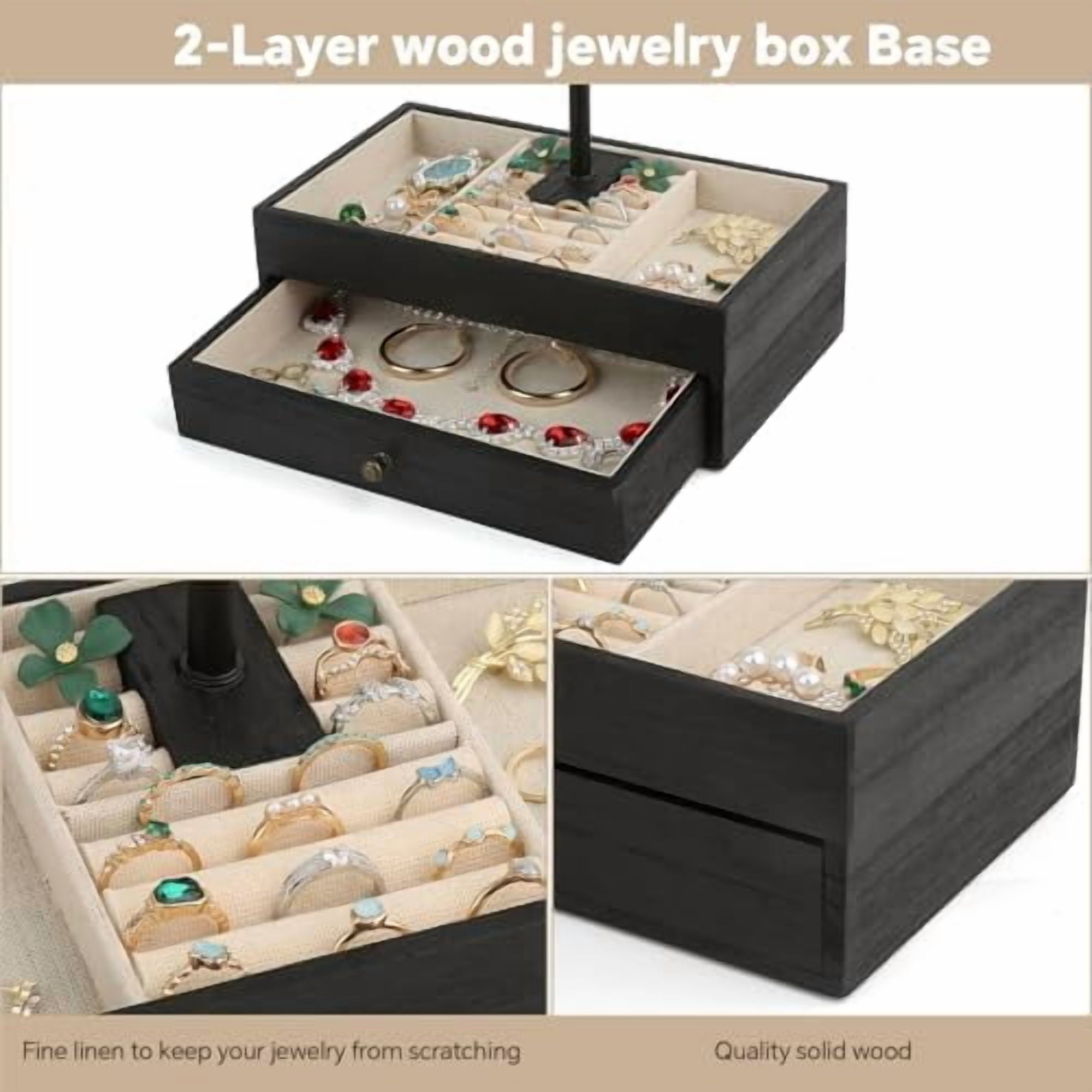 Jewelry Organizer Stand, 3-Tier Necklace Holder Jewelry Tree with Wooden Storage Drawer Box for Necklace Bracelet Earring Ring,Black