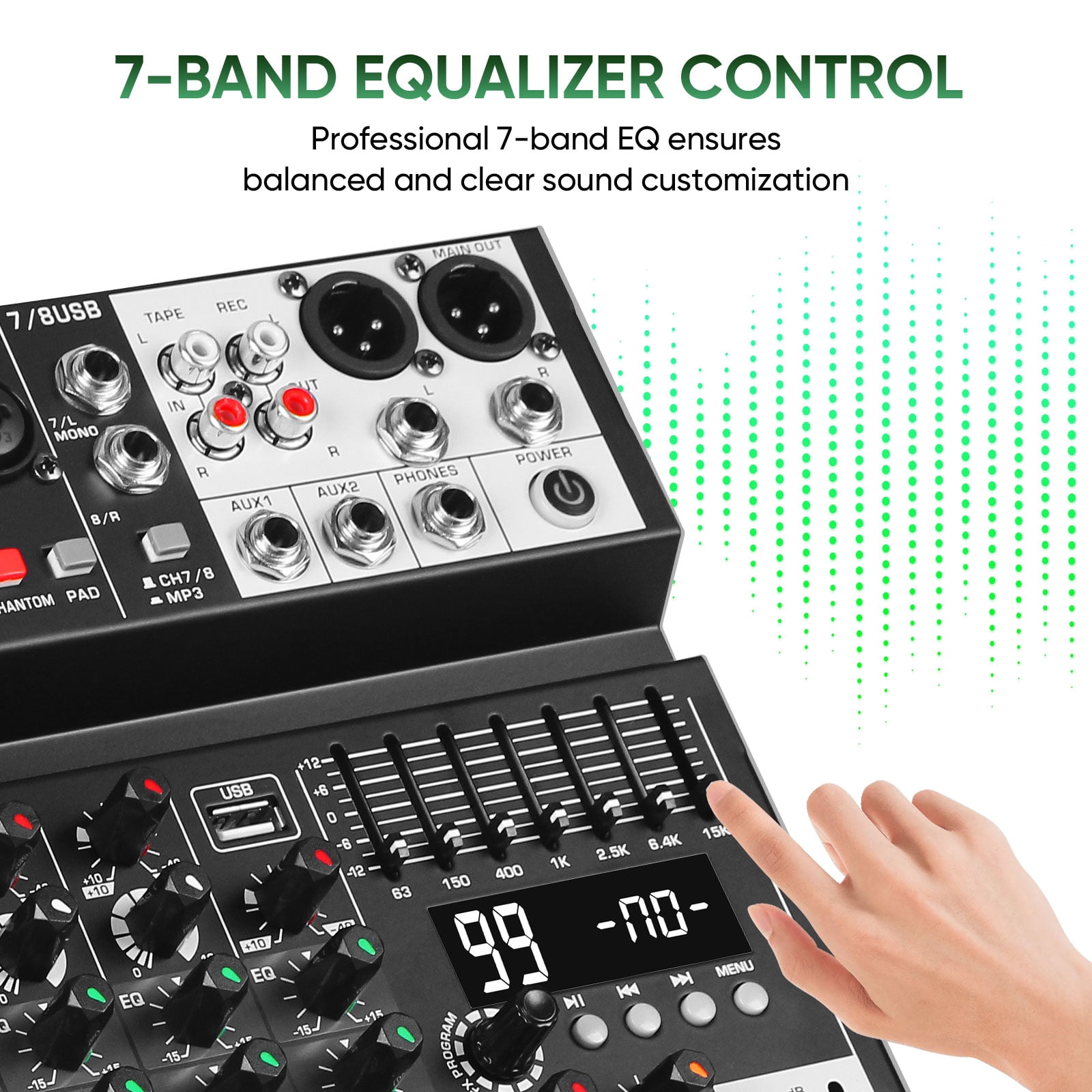 Audio Mixer 8 Channel Sound Mixer Console, Professional Music Mixing Board DJ Mixer w/ 99 DSP, 7-band EQ, USB, Bluetooth, 48V Phantom Power & PAD Function for Recording PA Live Live Streaming