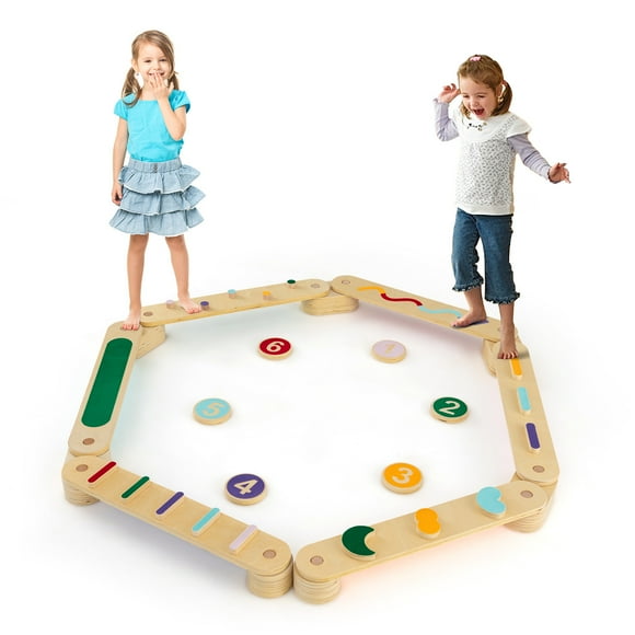 Gymax Wooden Balance Beam w/ Stepping Stones Balance Board Toy Playset for 1+ Toddlers