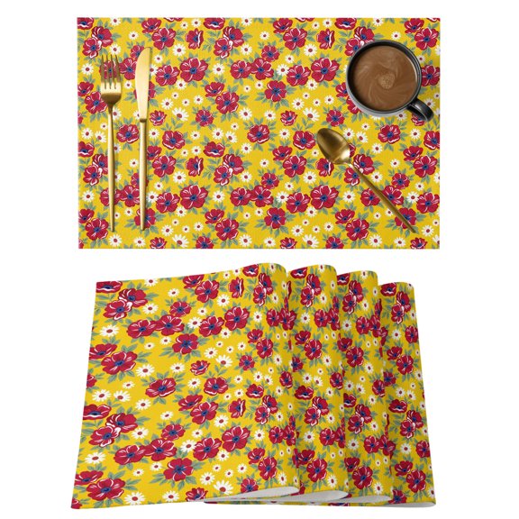 Red Floral Placemats Set of 2 Flower Leaves Farmhouse Yellow Background Heat Insulation Washable Place Mats, Non-Slip Table Mats for Dining Table Party Kitchen Decor, 13x19 Inch