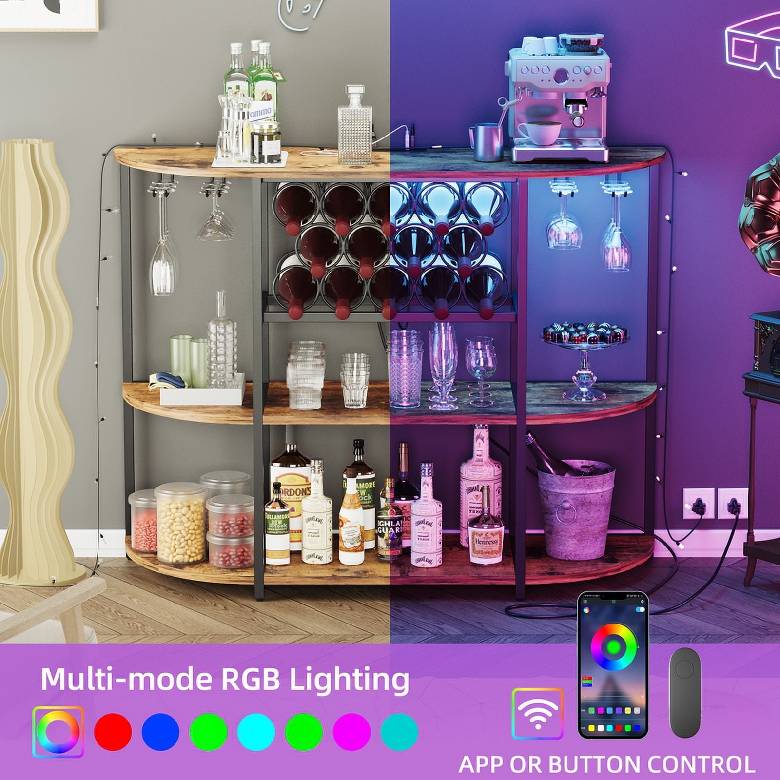 Homall Wine Bar Cabinet with RGB LED Lights Outlet, Bar Table Home Mini Bar Coffee Bar with Power Strip , Kitchen &Room Wine Rack with Mobile App Control, Brown