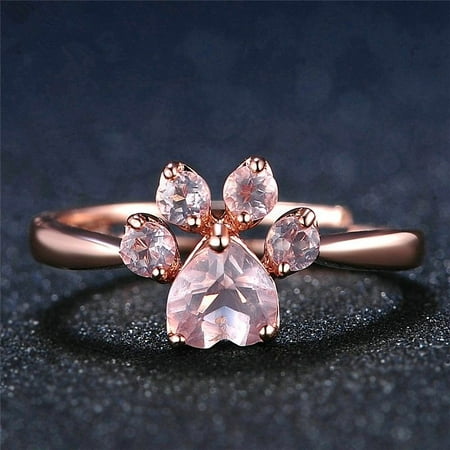 Rose Gold Crystal Zircon Quartz Paw Print Ring Romantic Jewelry Wedding Beauty Gift