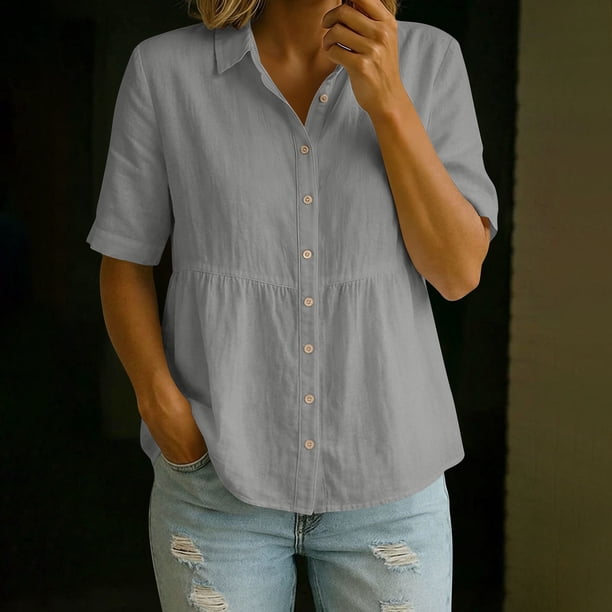 Craaazy Women's Loose Fit Collared Blouse, Solid Color Short Sleeve Button Down Shirt, Breathable Cotton Linen Casual Top for Daily Wear, Work & Weekend Gifts