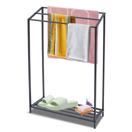 

Industrial Metal Freestanding Towel Rack Organizer with Storage Shelf for Bathroom Black