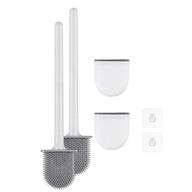Paquete de 2 escobillas de silicona para inodoro de limpieza profunda, montadas en la pared, color blanco Afortunado Sencillez