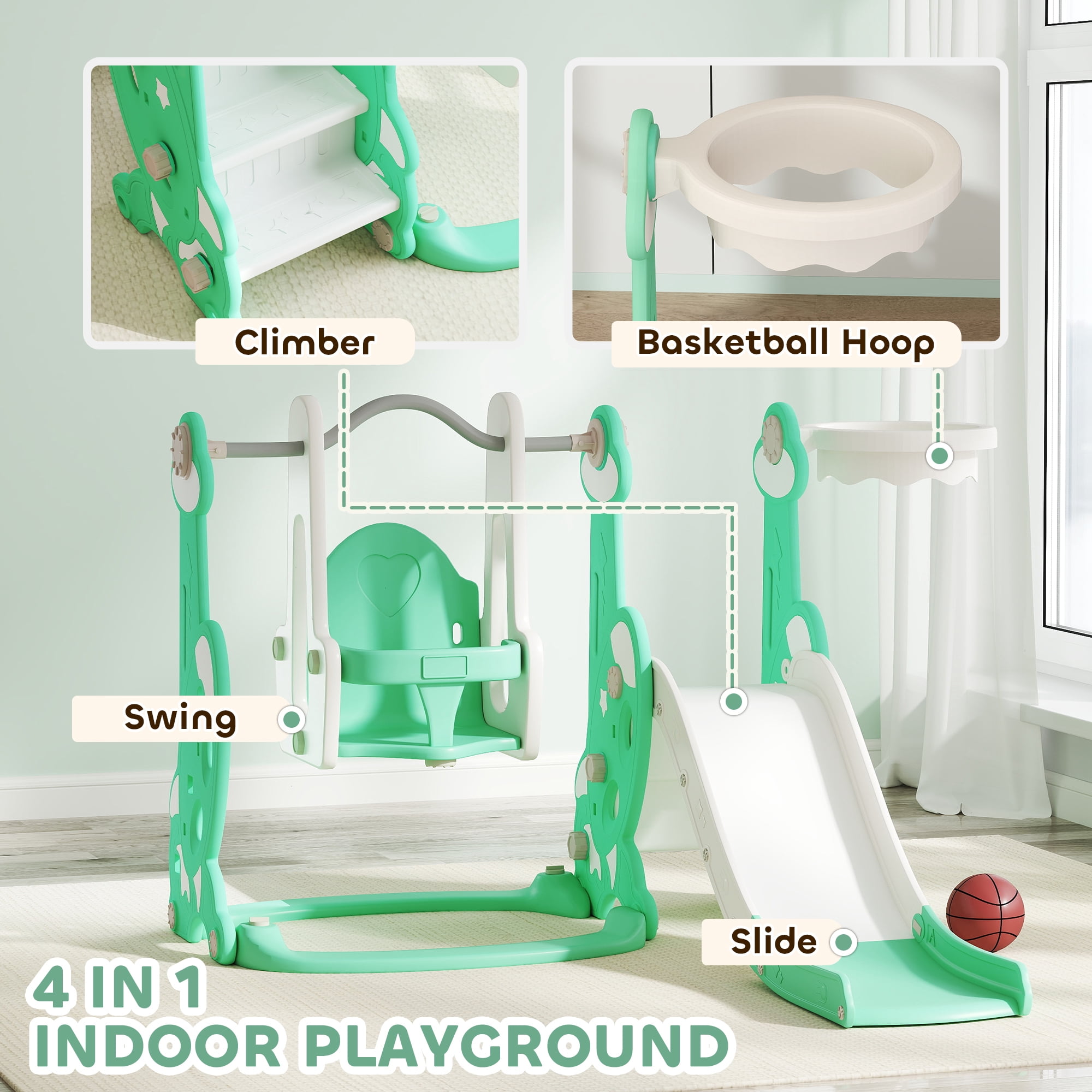 Qaba 4 in 1 Toddler Slide and Swing Set, Indoor Kids Slide for Ages 1.5-4, Toddler Playset Playground with Climber, Basketball Hoop, Green