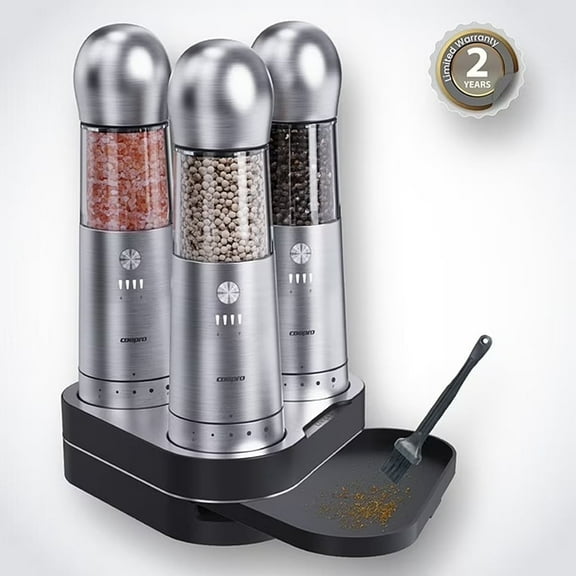 COSPRO 3-in-1 Wireless Charging Electric Salt and Pepper Grinder Set, Rechargeable Automatic Stainless Steel Spices Mill Set - One-Hand to Operate, Adjustable Coarseness, Easy Cleaning