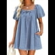 thumbnail image 2 of Vestido para Mujer, Corta Abullonada, Escote Cuadrado, Mono Vaquero con Bolsillos. Azul M, 2 of 7