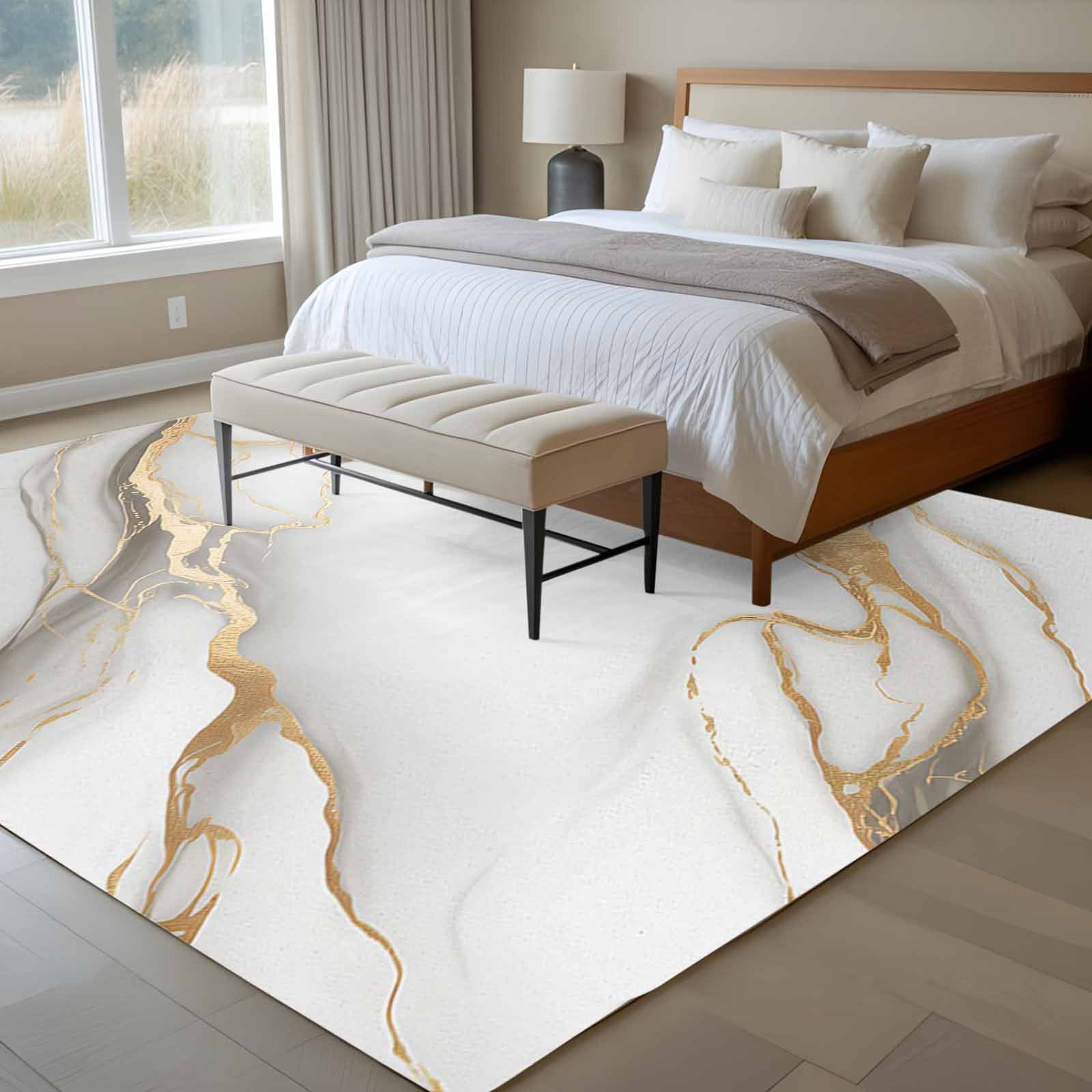 8x10 Area Rugs for Living Room, White Golden Marble Non Slip Area Rugs for Kitchen Bedroom Entryway, Modern Abstract Art Marble Flow Washable Carpet Runner Rug Floor Mats for Bedroom Home Decor