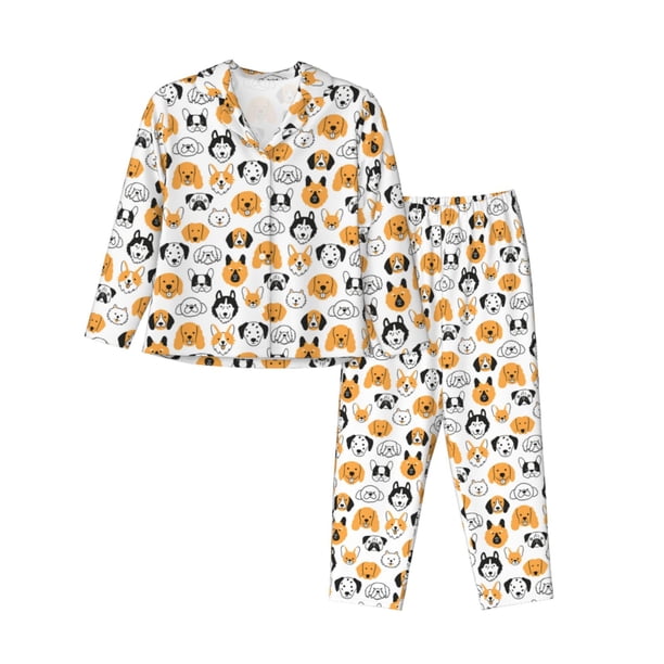 Balery Dog Faces Conjunto de Pijama con Estampado para Mujer, Conjunto de Dos Piezas con Manga Larga, Ropa de Dormir Suave con Bolsillos, Pijamas Cómodos-XX-Large