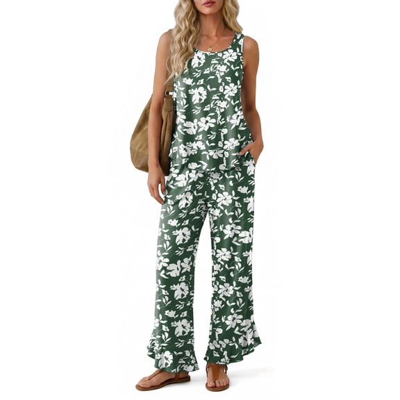 Anygrew Women's 2 Piece Lounge Sets Sleeveless Ruffle Hem Top and Wide Leg Pants with Pockets Casual Sweatsuit Outfits