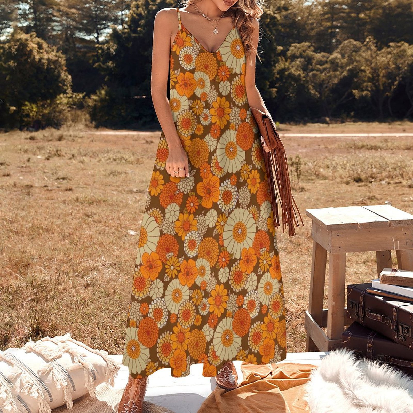 70s retro daisies vintage flower power orange and brown boho Sleeveless Dress Evening gown - Walmart.com