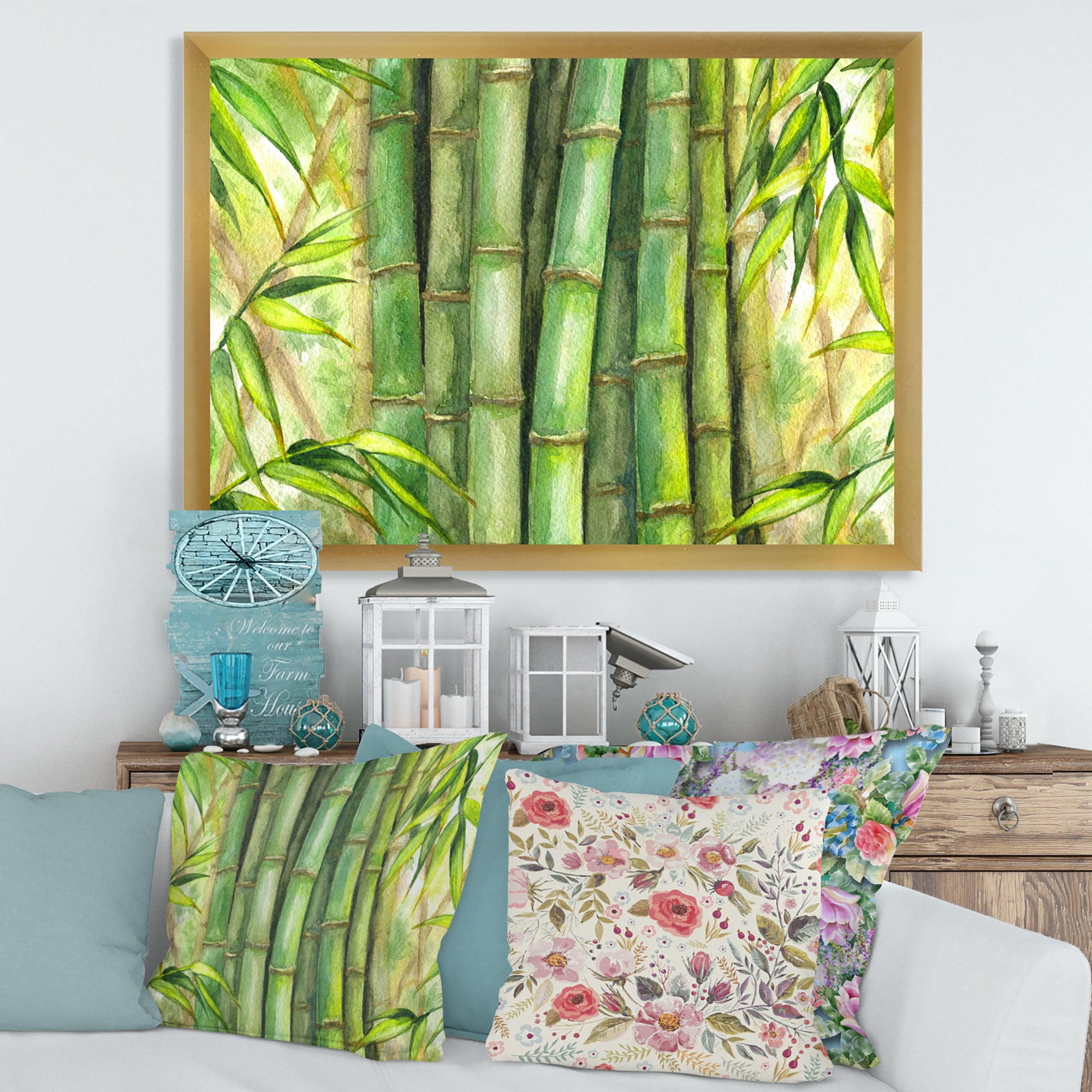 Designart 'Bright and Green Bamboo Stems' Transitional Framed Art Print