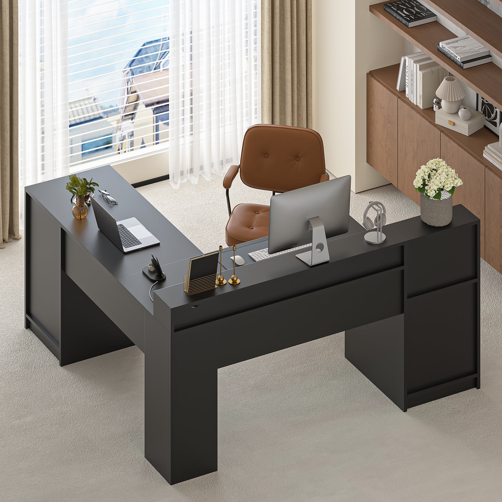 63" Farmhouse L Shaped Desk with Drawers & Storage Shelf, Corner Computer Desk with Power Outlets for Home Office, Executive Desk with Monitor Stand, Printer Shelf, Black