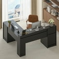 thumbnail image 3 of 63" Farmhouse L Shaped Desk with Drawers & Storage Shelf, Corner Computer Desk with Power Outlets for Home Office, Executive Desk with Monitor Stand, Printer Shelf, Black, 3 of 9