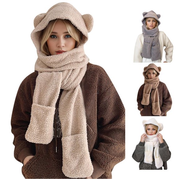 HNMKIU Women Cartoon Cute Bear Knit Hat Scarf Set Autumn Lightweight Warm Comfortable Ear Surround Winter Headwear Outdoor Unisex Cozy Neck Protector Khaki - One Size