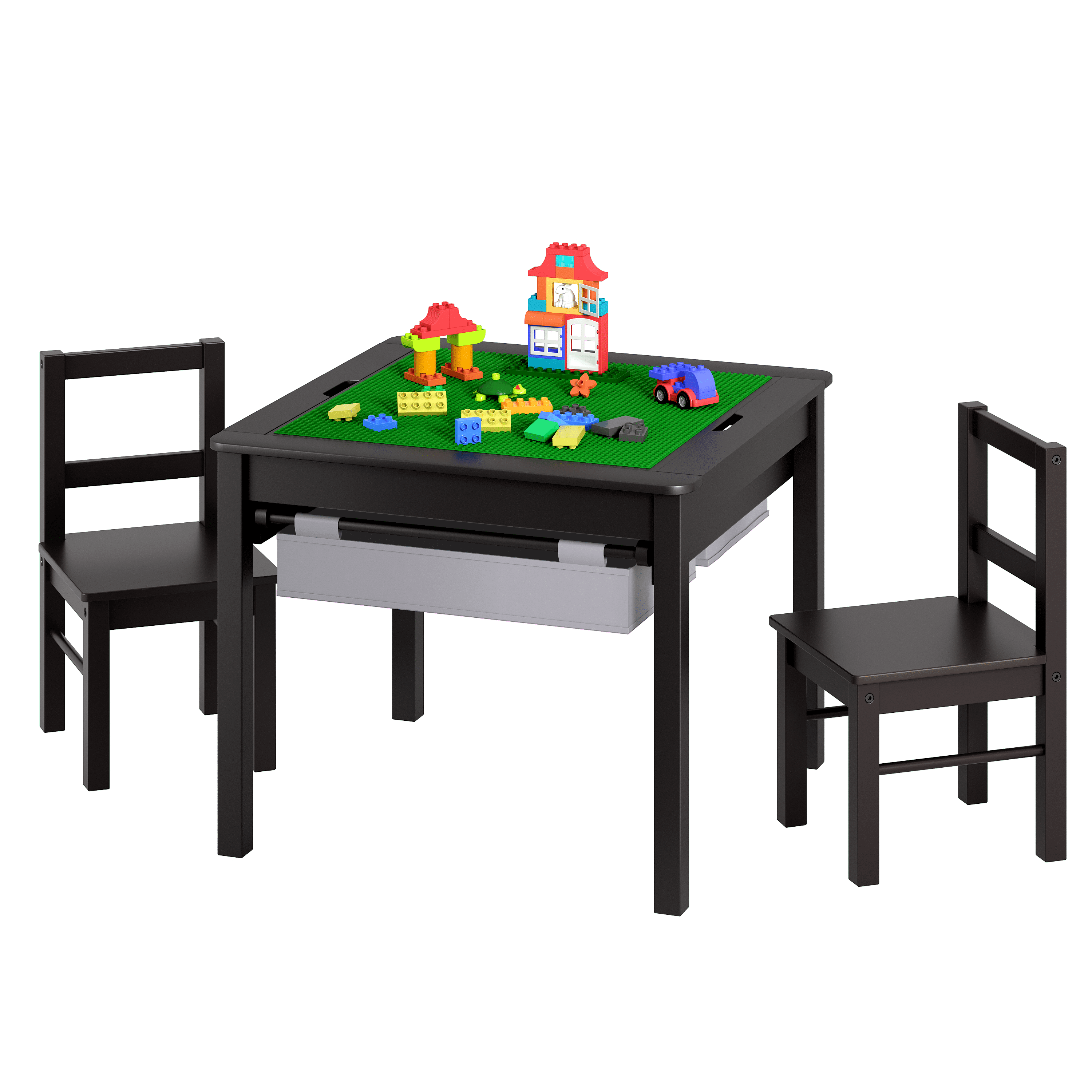 STAROUS Wooden 2 In 1 Kids Construction Play Table and 2 Chairs set with Storage Drawers and Built In Broad, Espresso with Gray Drawer