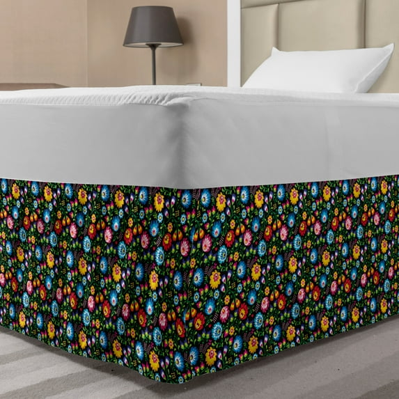 Garden Art Bed Skirt, Colorful Floral Arrangement of Blossoming Petals Traditional Russian Pattern, Elastic Bedskirt Dust Ruffle Wrap Around for Bedding Decor, 4 Sizes, Multicolor, by Ambesonne