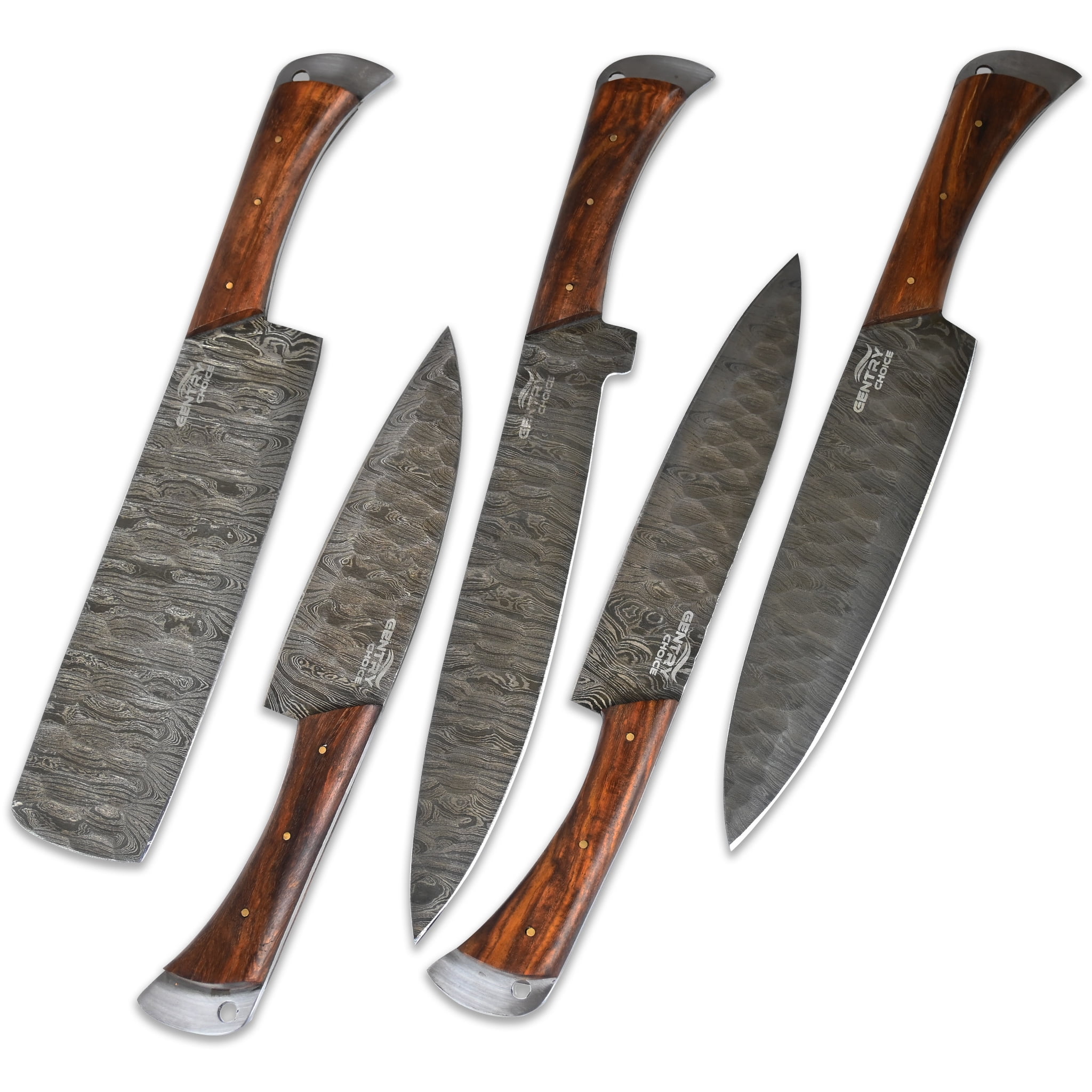 Damascus Chef Knife Set 5 Piece, Hand Forged High Carbon Steel Kitchen Knives, Full Tang with Rosewood Handles