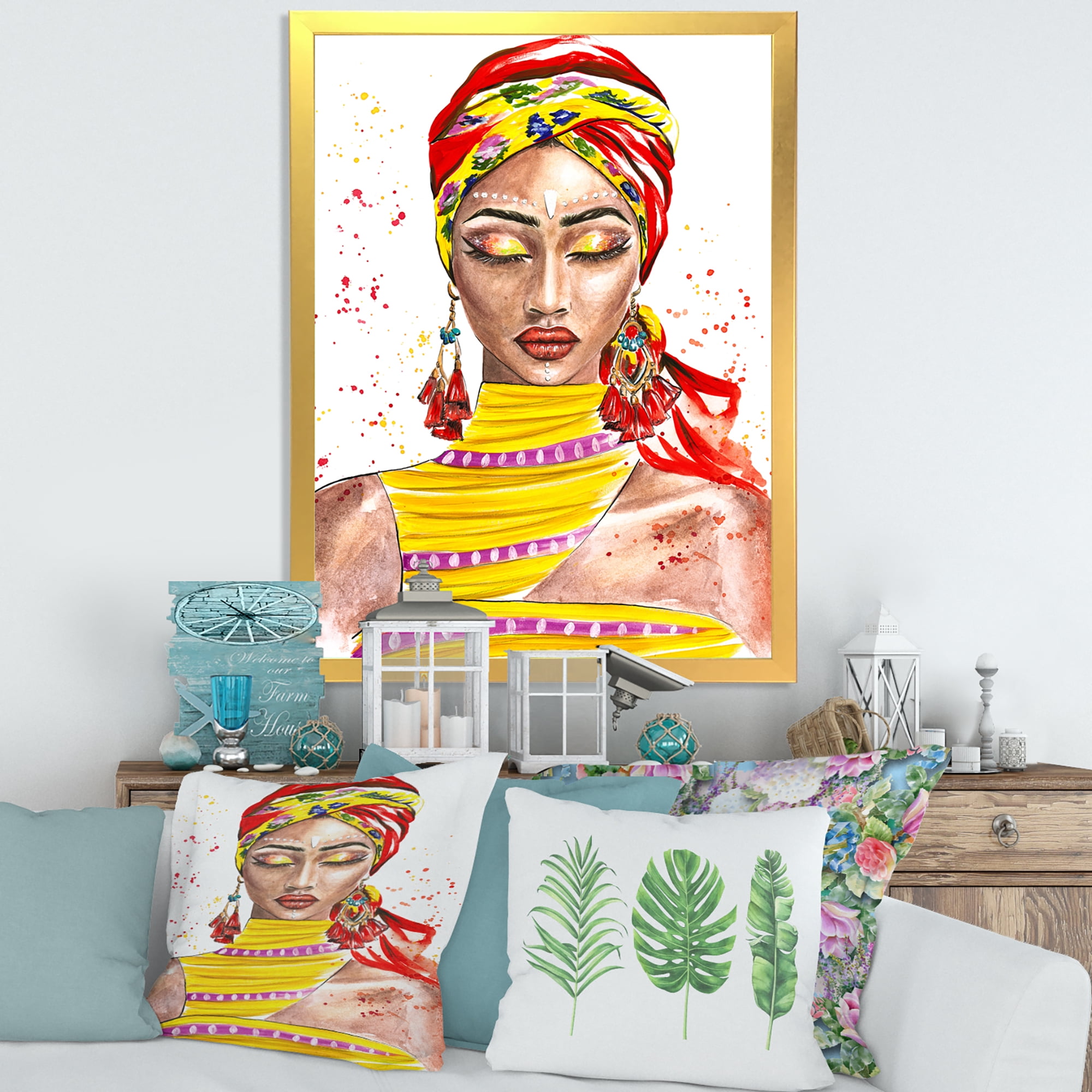 Designart 'Exotic Colorful Portrait of Afro American Woman' Traditional Framed Art Print