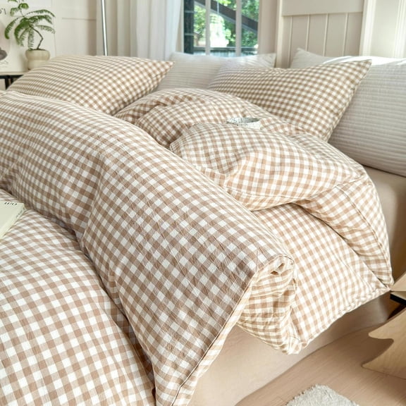 Tan Gingham Comforter Set King Size,Modern Style 3 Pieces Grid Checkered Pattern Fluffy,Boho Farmhouse Gingham Bedding with 2 Pillowcases