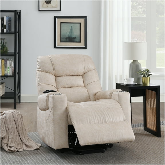 JERFIT Power Lift Recliner Chair with Heat and Massage, Electric Recliner for Elderly, Modern Faux Leather Sofa Chair with Cup Holder, Light Grey