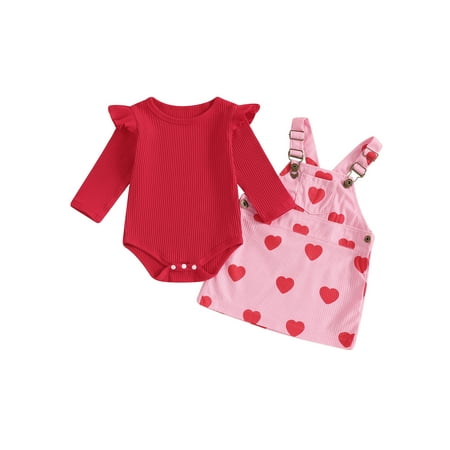 

Licupiee Newborn Baby Girl Valentines Day Outfit Ruffle Long Sleeve Ribbed Romper Heart Suspender Skirt Overall Dress Set