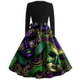 thumbnail image 3 of JGNGSHN Womens Mardi Gras Ottfi Trendy Long Sleeve V Neck Dress Mardi Gras Mask Printed Pleated Vintage Hepburn Dresses, 3 of 3