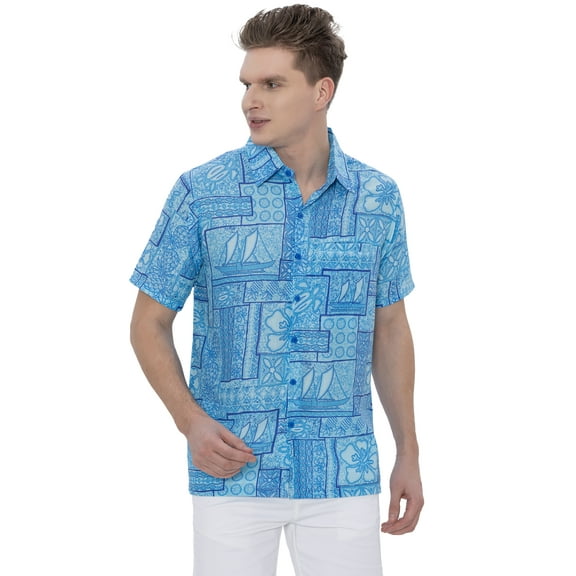 LA LEELA Men's Hawaiian Shirt Fashion Button Down Short Sleeves Holidays Aloha Party Casual Tops Summer Beaches Shirts for Men S Blue Floral