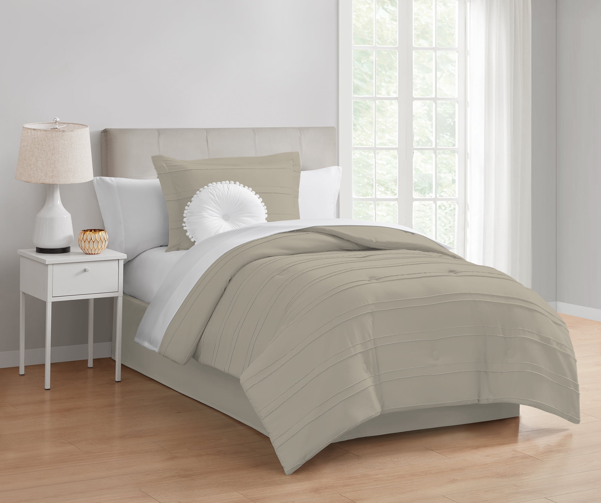 Mainstays 8-Piece Bed in a Bag Comforter Set with Sheets, Tan Stripe, Twin/Twin XL, Unisex