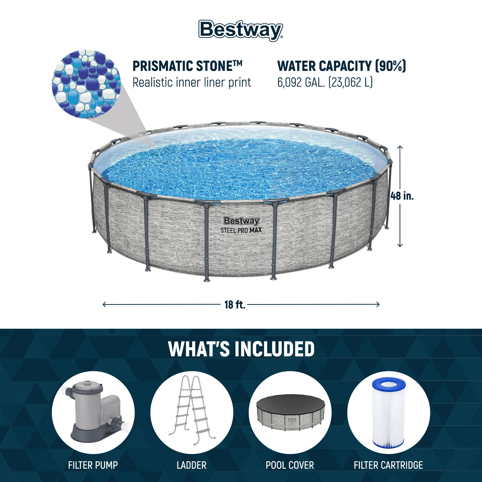 Bestway Steel Pro MAX 18' x 48" Metal Frame Above Ground Pool Set w/ Pump, Ladder, & Cover