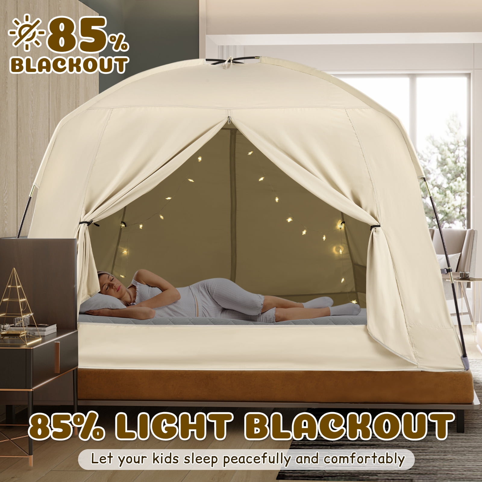 Bed Tents for Kids and Adult, Portable 100% Breathable and 85% Blackout Toddler Dream Play Tent, 3 Doors Privacy Space Sleeping Canopy for Indoor Floor or Twin Full Queen Sizes Bed (Khaki, Full-Size)