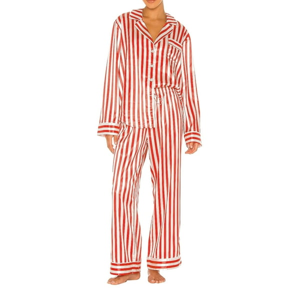 DuoJiaJ Women Pajama Sets,Women 2 Piece Pajamas Set Striped Printed Long Sleeve Button Down Shirt And Pants Sleepwear Red