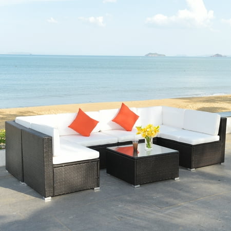 Costway 7PCS Patio Rattan Furniture Set Sectional Sofa Cushioned Glass