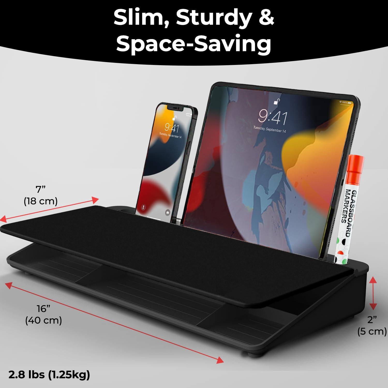 Black Glass Desktop Whiteboard With Storage - Dry Erase Board  Work Desk Organizers Computer Stand Home Office Accessories Workspace Buddy + 3 Markers