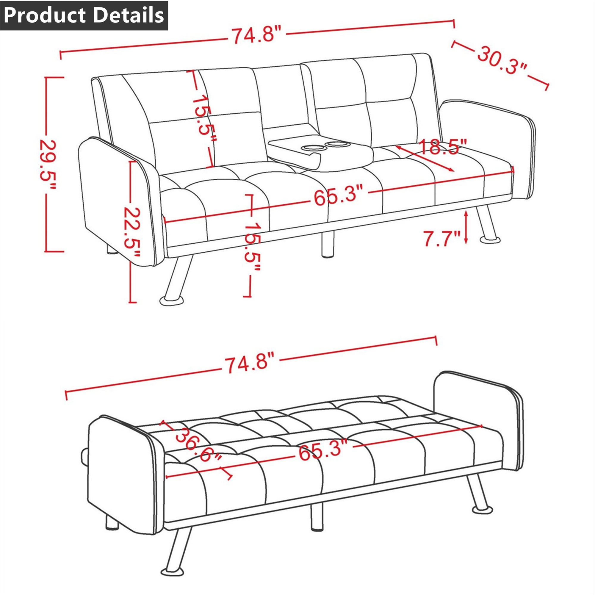 Aukfa 75" Square Arm Futon Convertible Sofa Bed for Home Office, 2 Cup Holders, Linen, Dark Gray