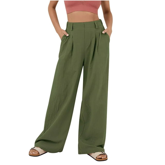 Timegard Wide Leg Pants for Women Elastic Waist Ruched Trousers Casual Loose Comfy Pants with Pockets