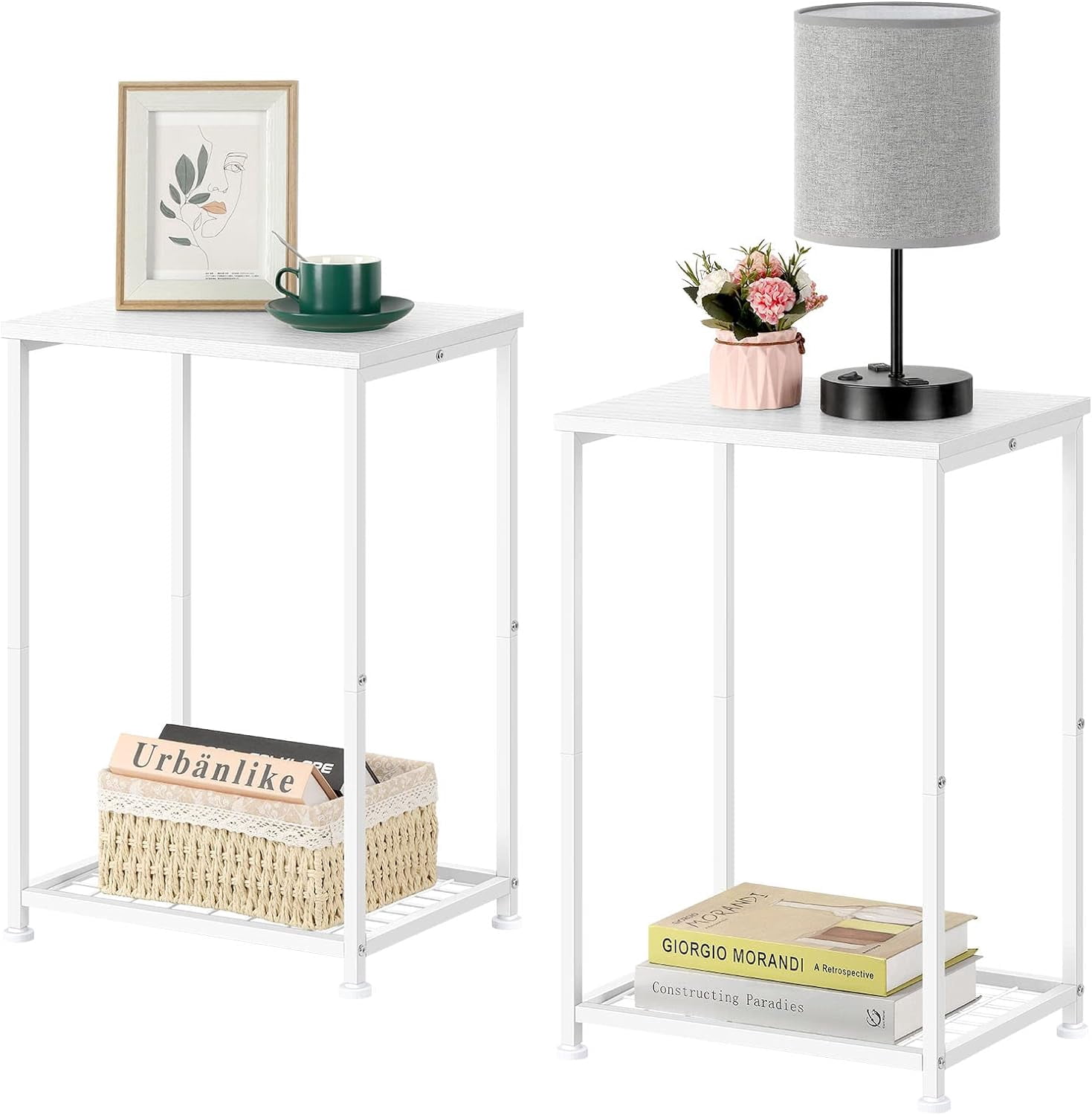 Nightstand with Charging Drawer Side Table White Set of 2